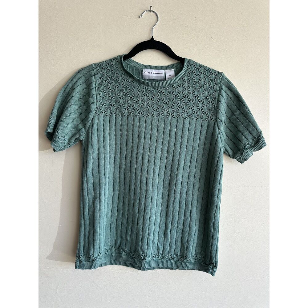 Vintage Alfred Dunner Petite Medium Sage Green Knit Blouse Short Sleeve USA